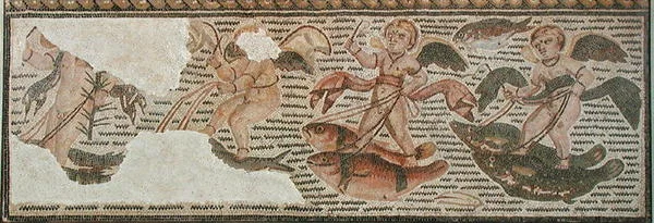 Amorer rider på fisk, fragment af fortovet fra Sousse (Hadrumetum) Tunesien (mosaik)